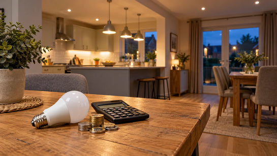 LED bulb, calculator and coins in a lit UK home