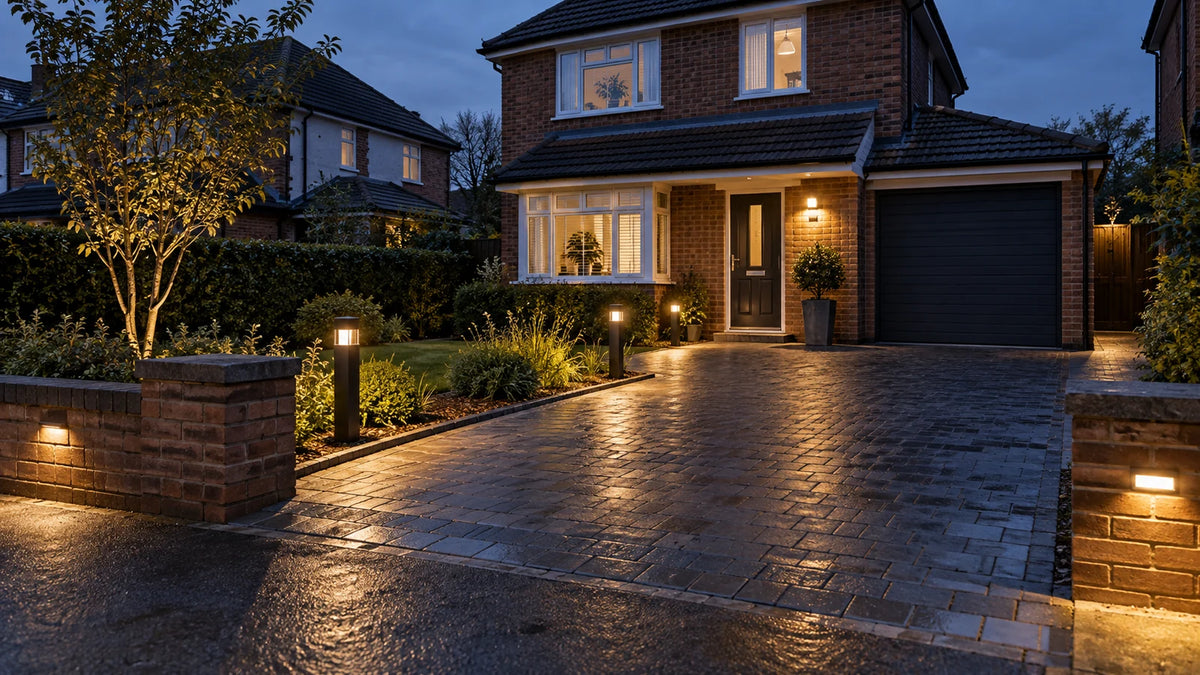 Illuminated residential driveway at a UK home at dusk