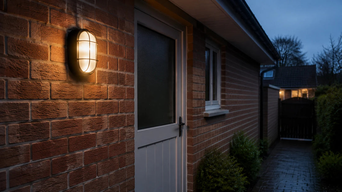 Bulkhead wall light beside a UK home side entrance at dusk