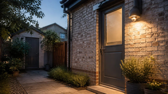 Outdoor PIR wall light beside a UK back door at dusk