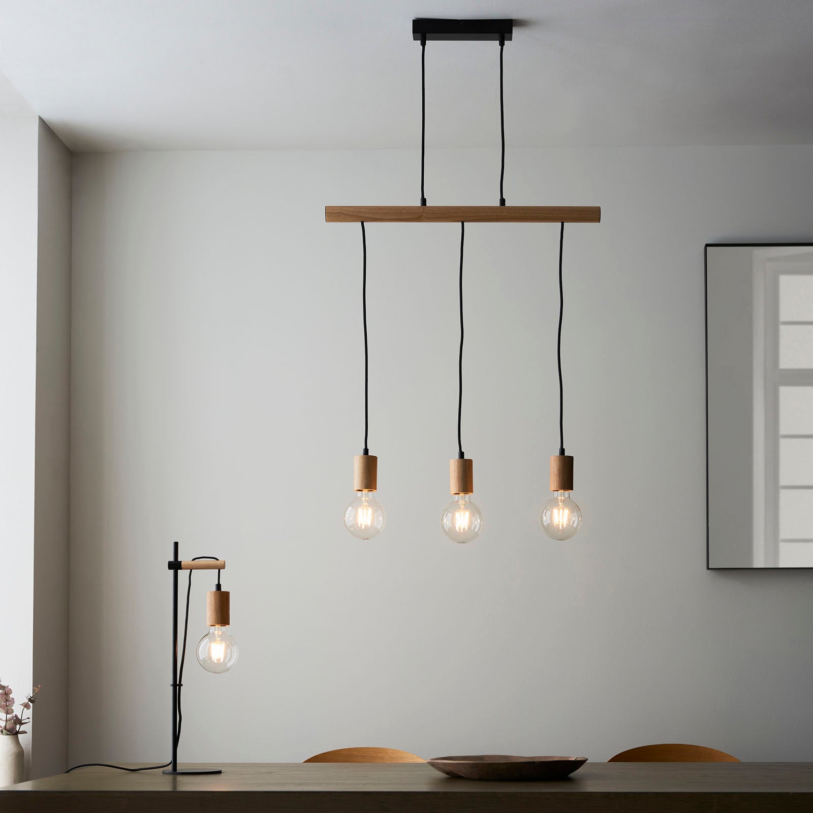Sven Natural Wood & Black 3-Light Pendant