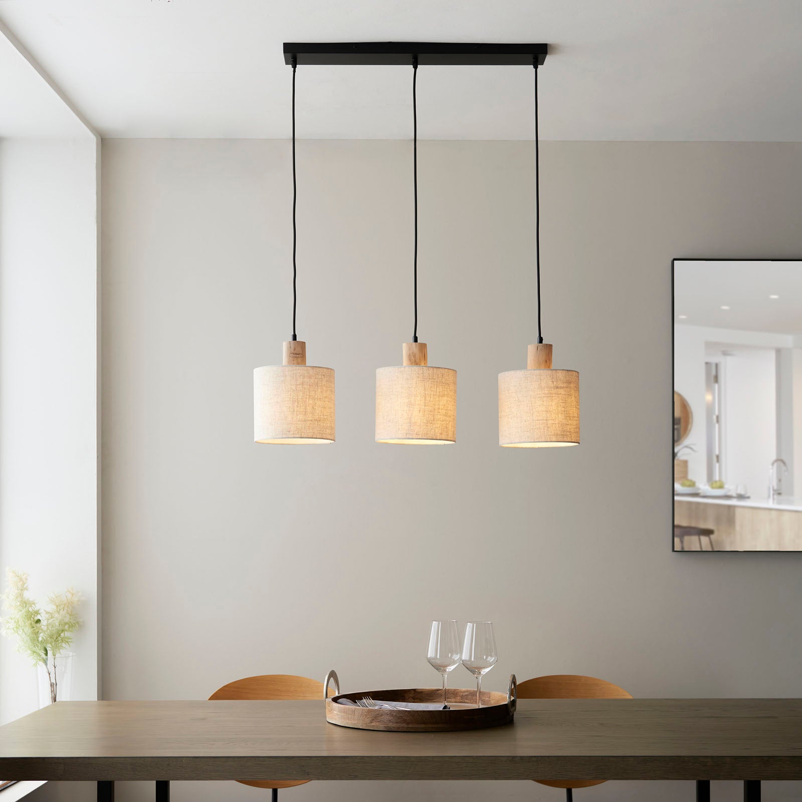 Durban 3-Light Linear Scandi Pendant with Natural Wood & Linen Shades