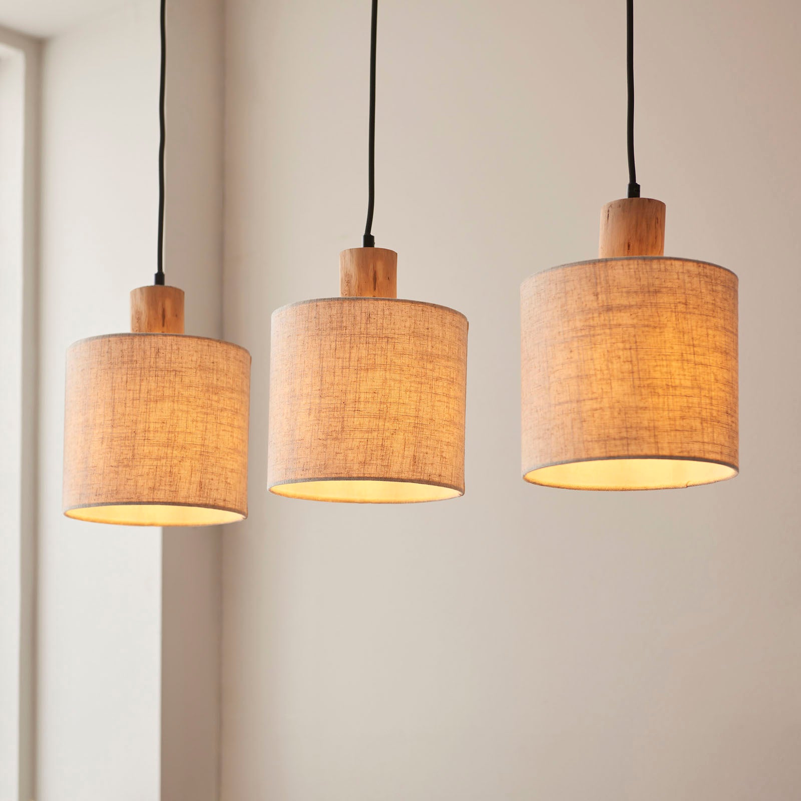 Durban 3-Light Linear Scandi Pendant with Natural Wood & Linen Shades
