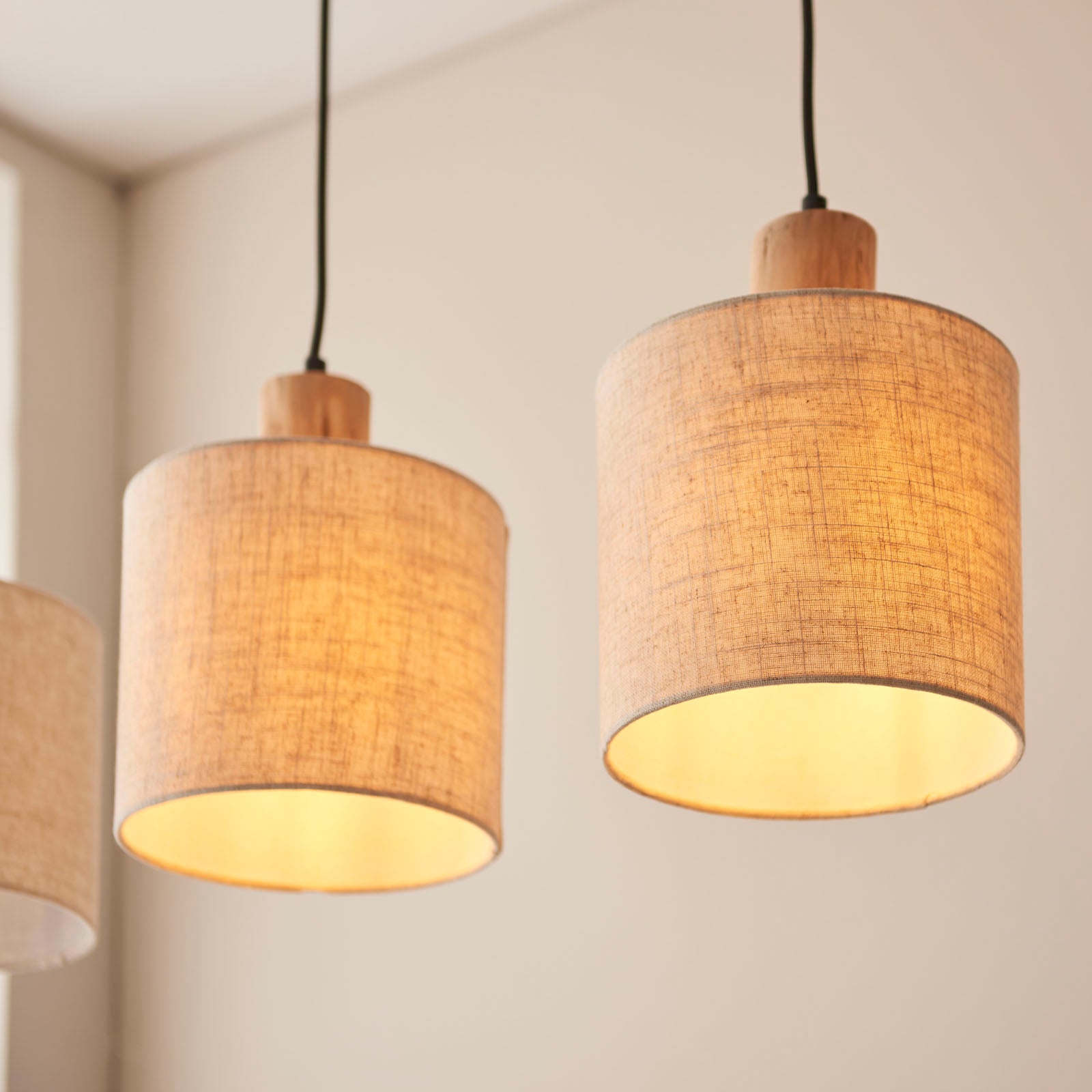 Durban 3-Light Linear Scandi Pendant with Natural Wood & Linen Shades