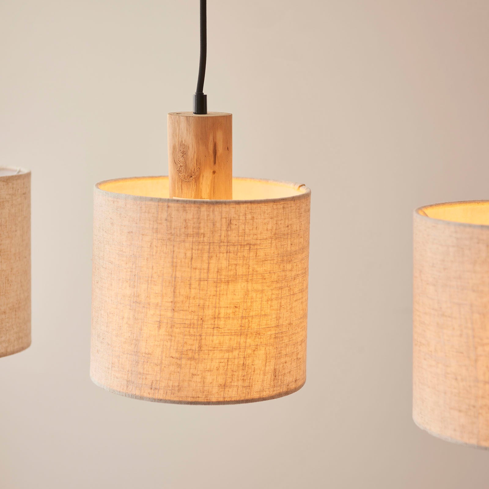 Durban 3-Light Linear Scandi Pendant with Natural Wood & Linen Shades