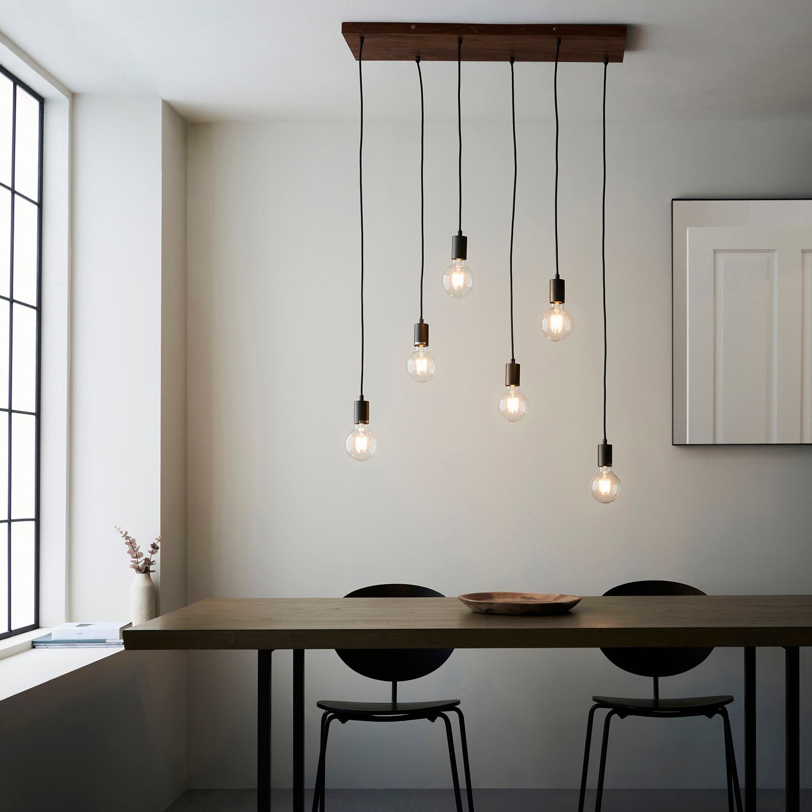 Stellan 6-Light Linear Pendant (Natural Wood & Black, Adjustable)