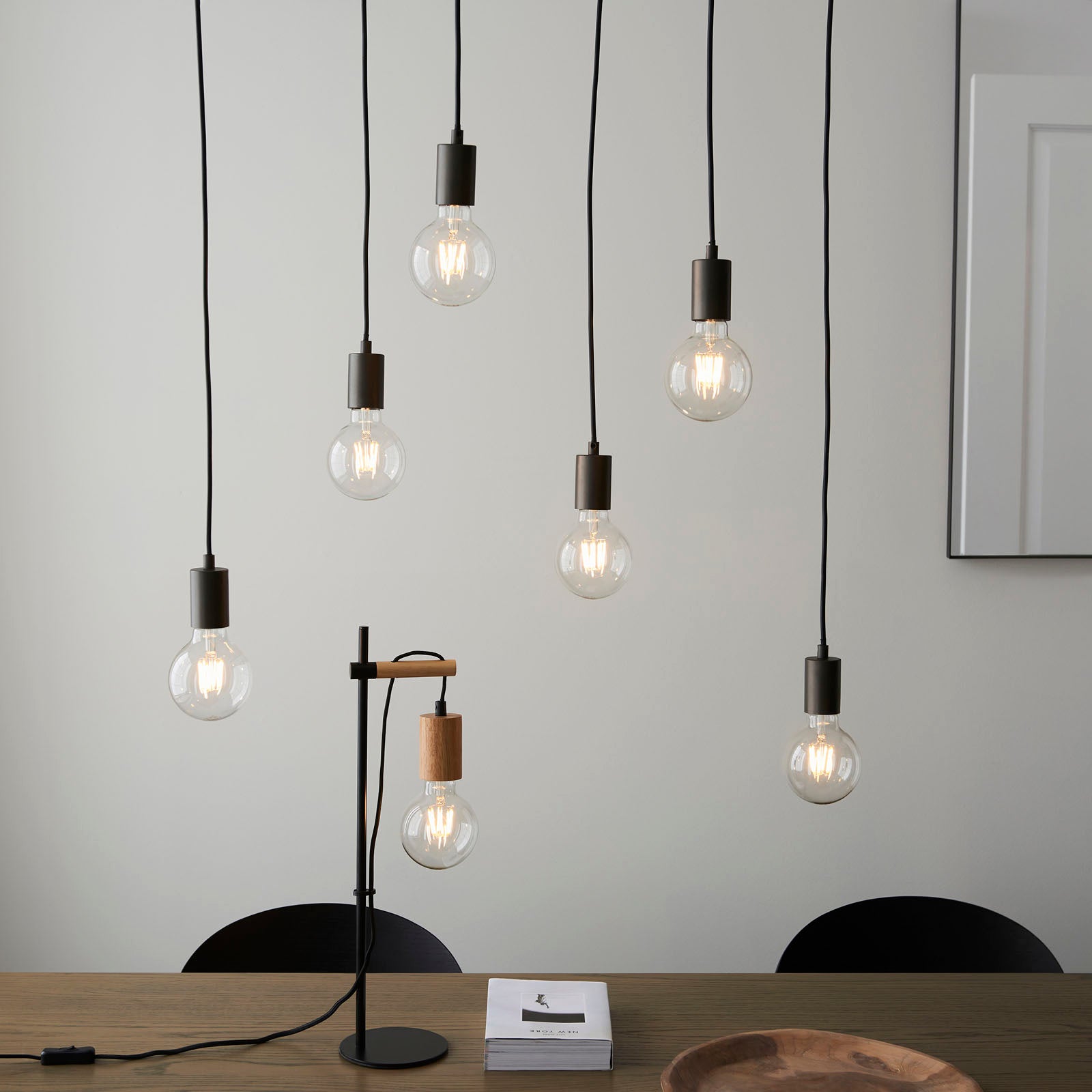 Stellan 6-Light Linear Pendant (Natural Wood & Black, Adjustable)