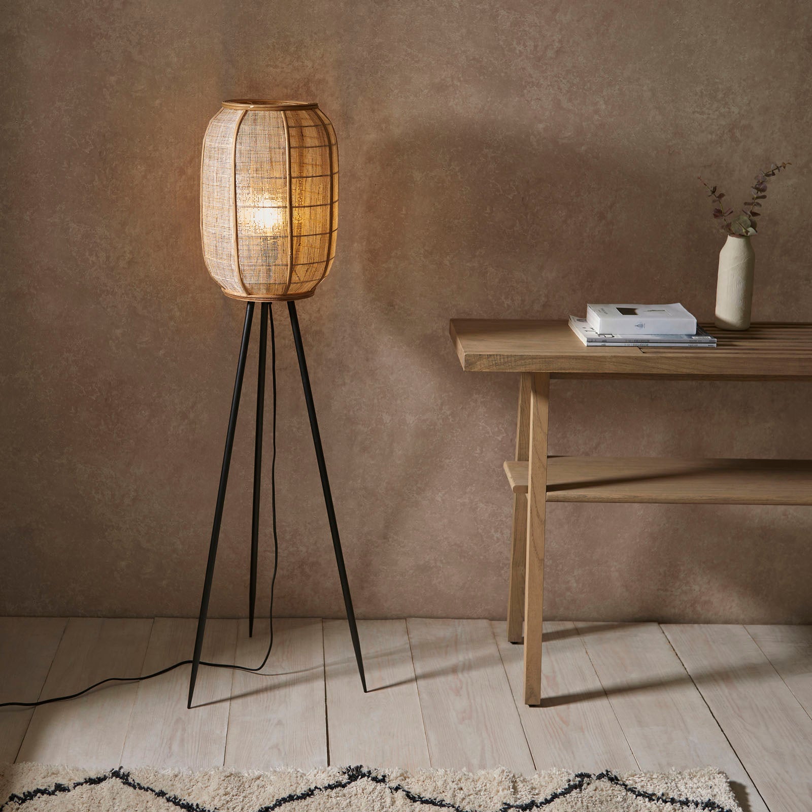 Zaire 1-Light Handmade Wood & Natural Linen Floor Lamp