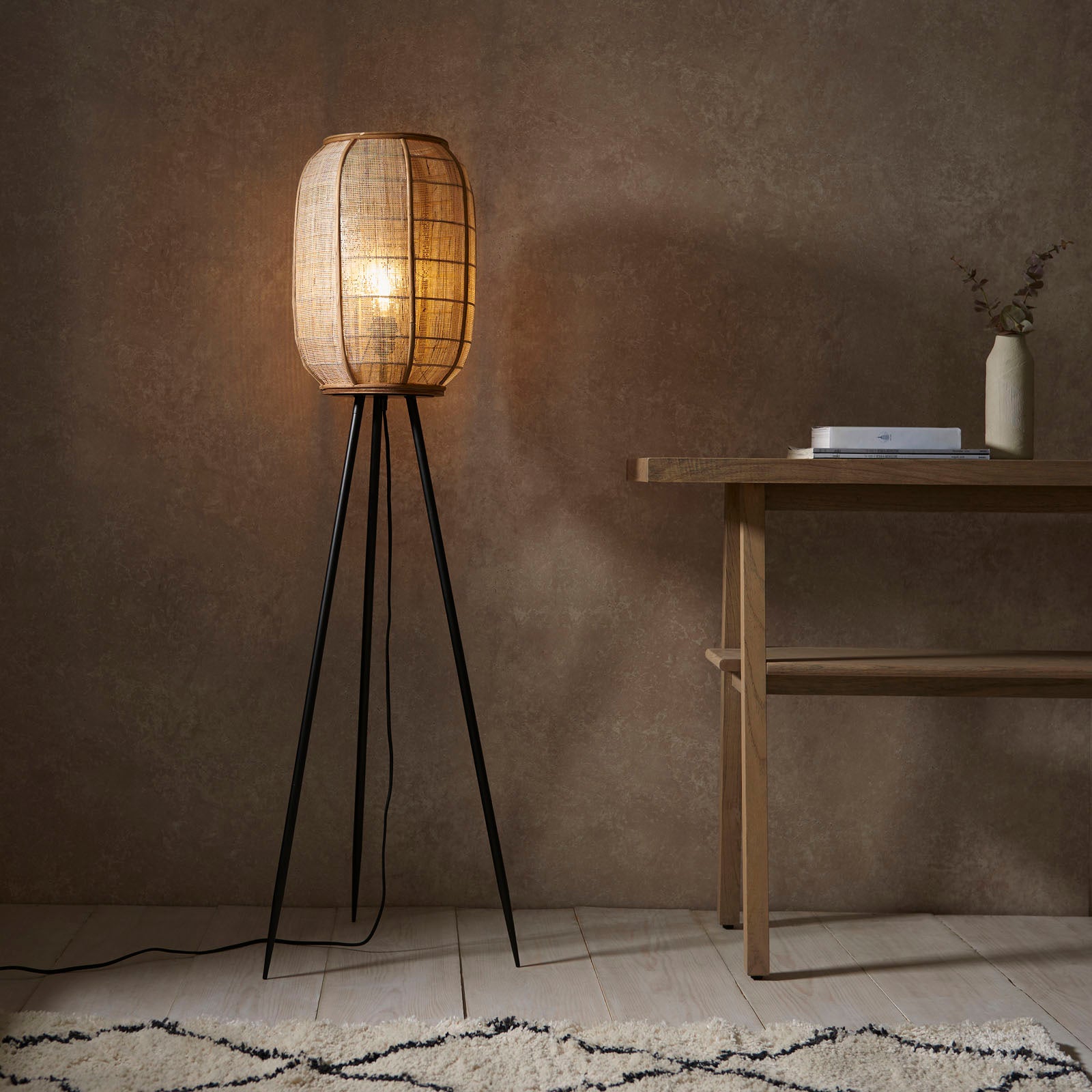 Zaire 1-Light Handmade Wood & Natural Linen Floor Lamp