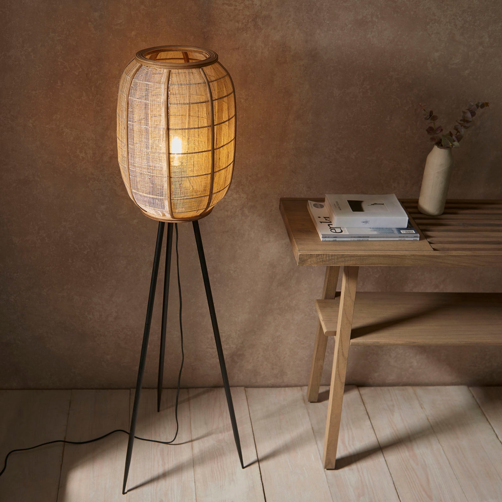 Zaire 1-Light Handmade Wood & Natural Linen Floor Lamp