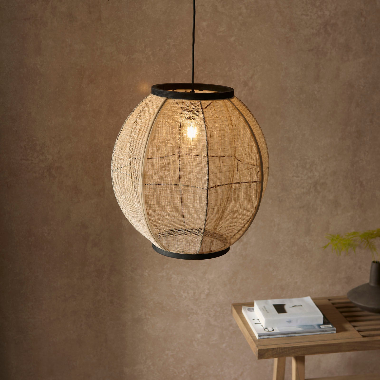 Zaire 1-Light Handmade Wood & Natural Linen Large Pendant Light