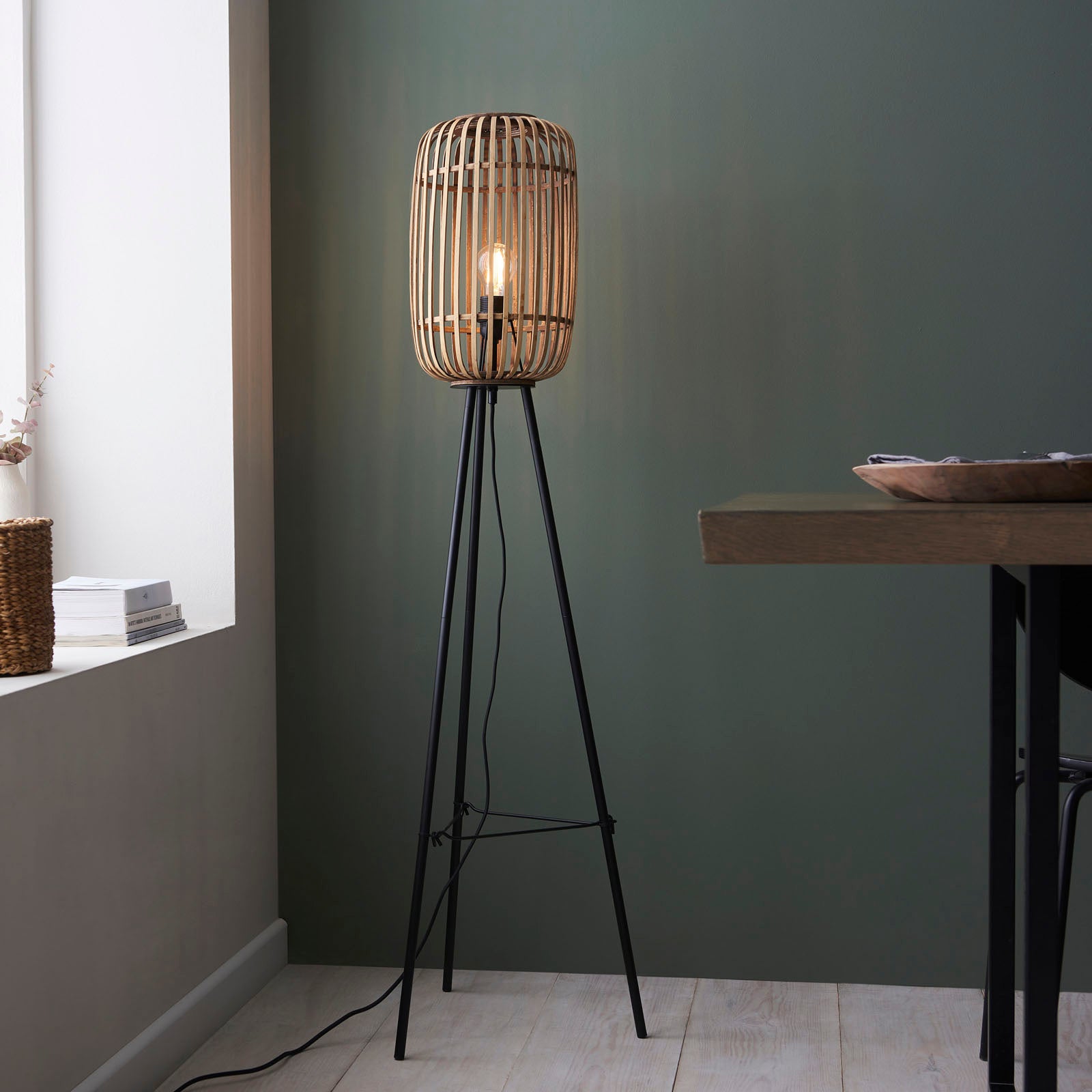 Mathias Light Bamboo Floor Lamp with Matt Black Accents