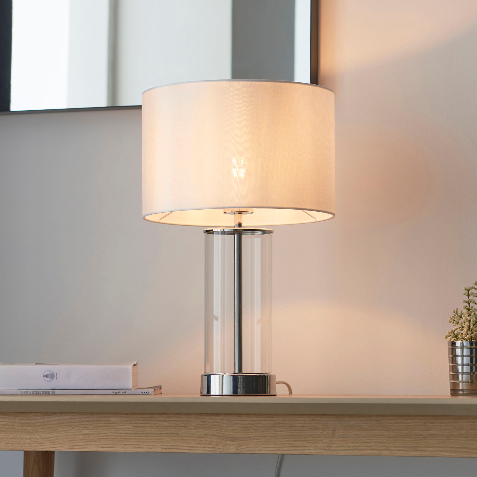 Lessina 1-Light Dimmable Table Lamp with Clear Glass Base & White Shade (Bright Nickel)