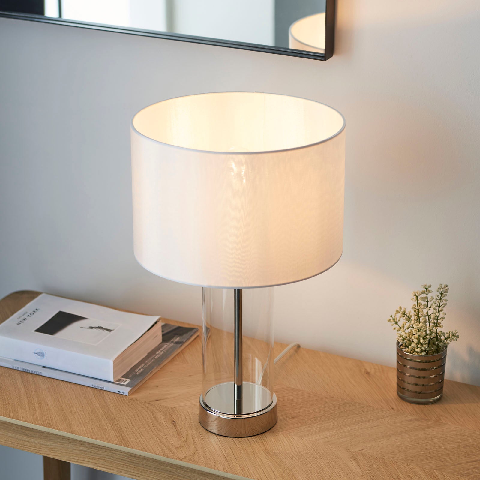 Lessina 1-Light Dimmable Table Lamp with Clear Glass Base & White Shade (Bright Nickel)