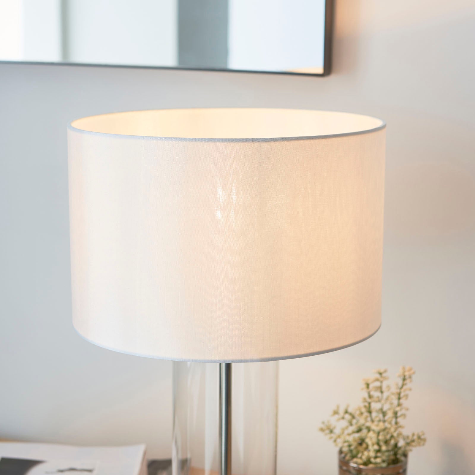 Lessina 1-Light Dimmable Table Lamp with Clear Glass Base & White Shade (Bright Nickel)
