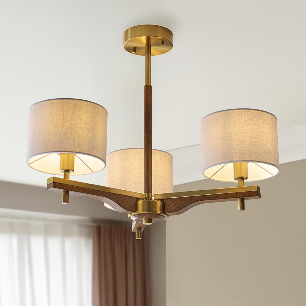 Heathcliff 3 Light Semi flush Oak & Warm Brass