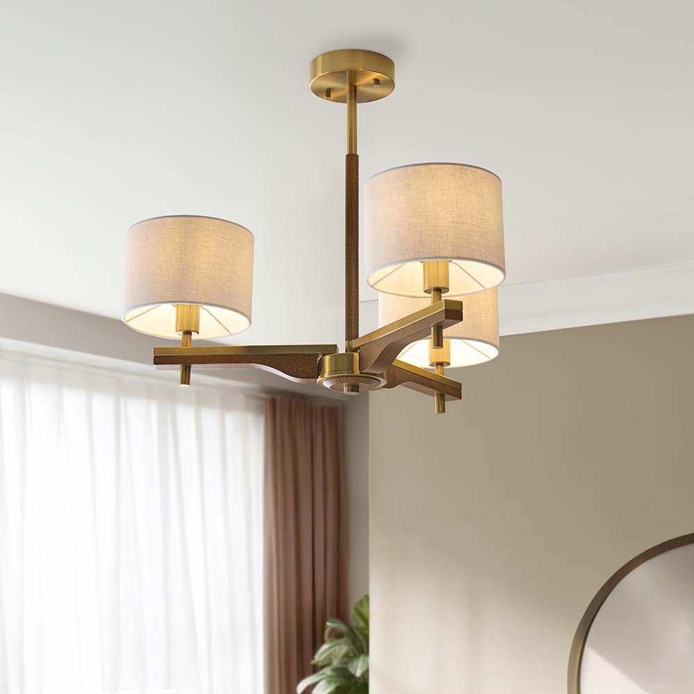 Heathcliff 3 Light Semi flush Oak & Warm Brass