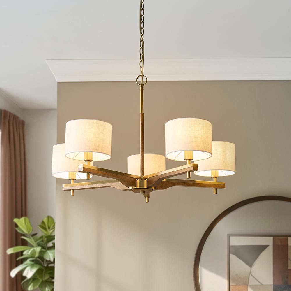 Heathcliff 5 Light Pendant Oak & Warm Brass