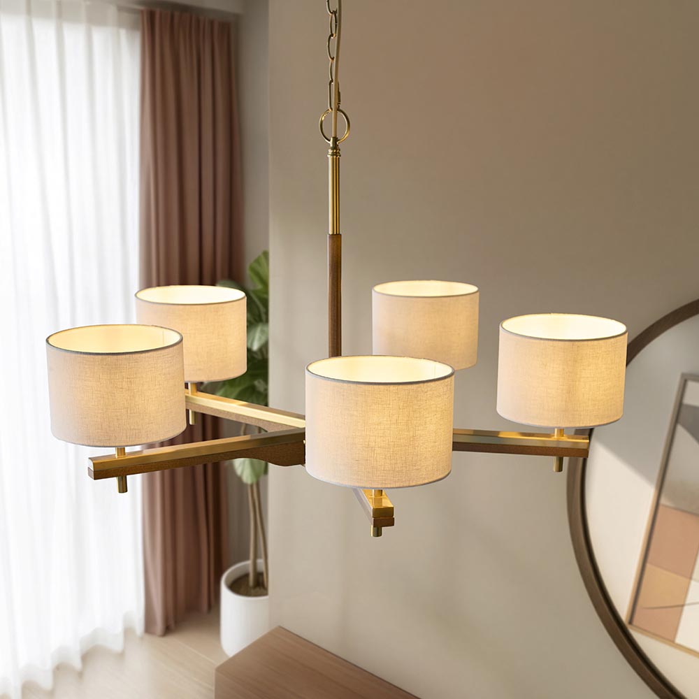 Heathcliff 5 Light Pendant Oak & Warm Brass