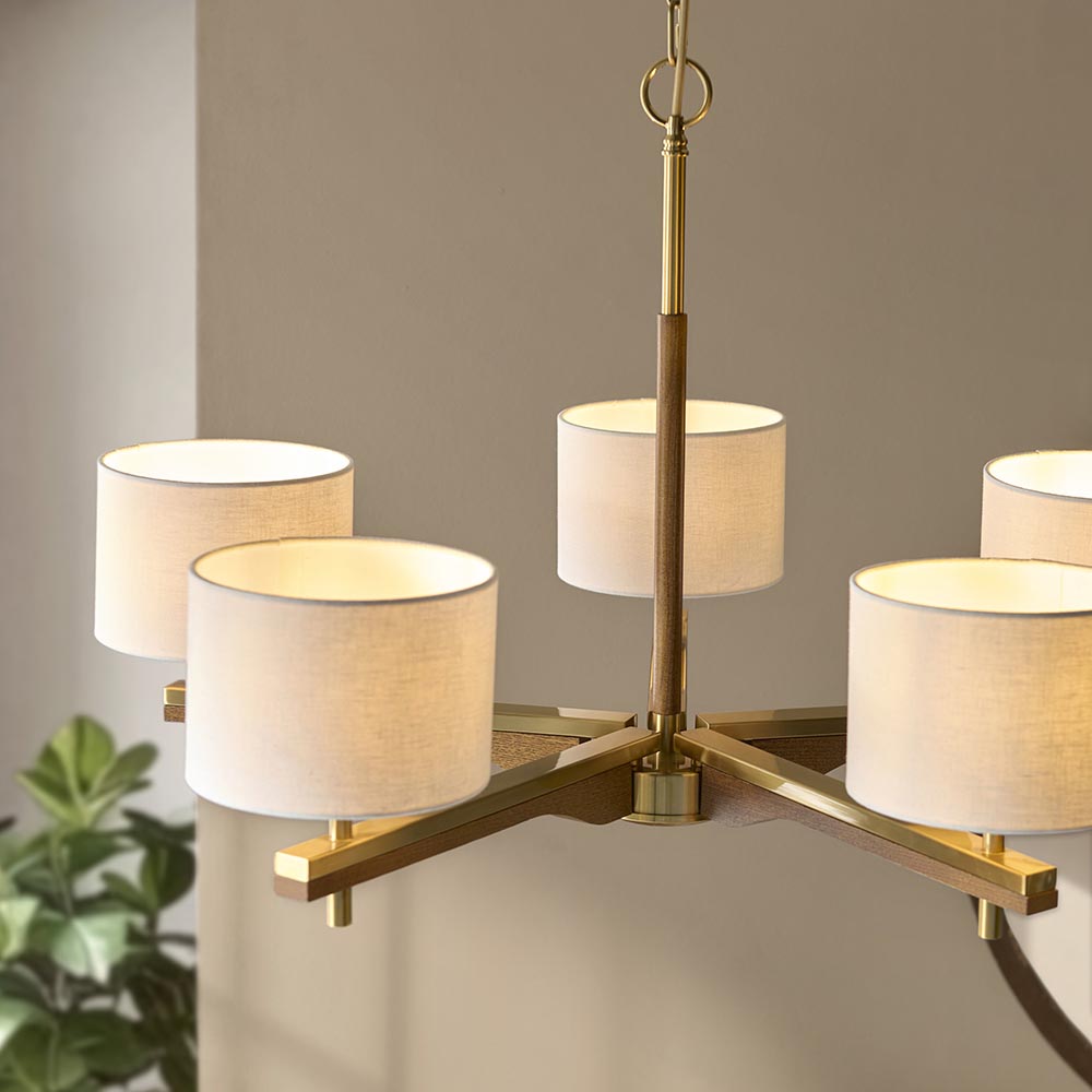 Heathcliff 5 Light Pendant Oak & Warm Brass