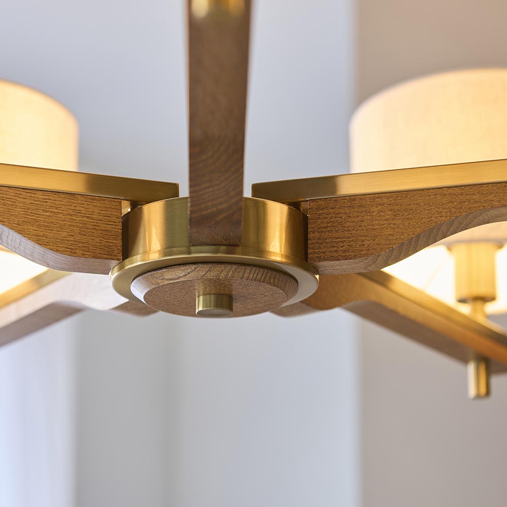 Heathcliff 5 Light Pendant Oak & Warm Brass