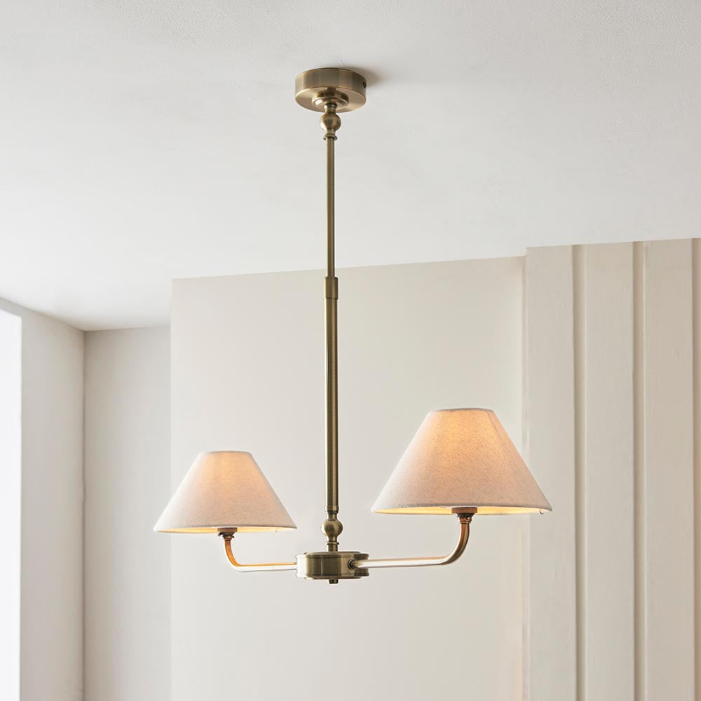 Lille 2lt Linear Pendant tapered shades in natural linen
