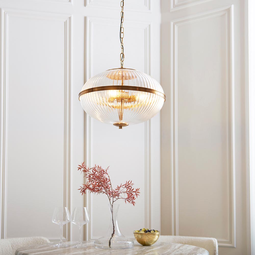 Somerset 3lt Pendant Ribbed Glass Warm Brass