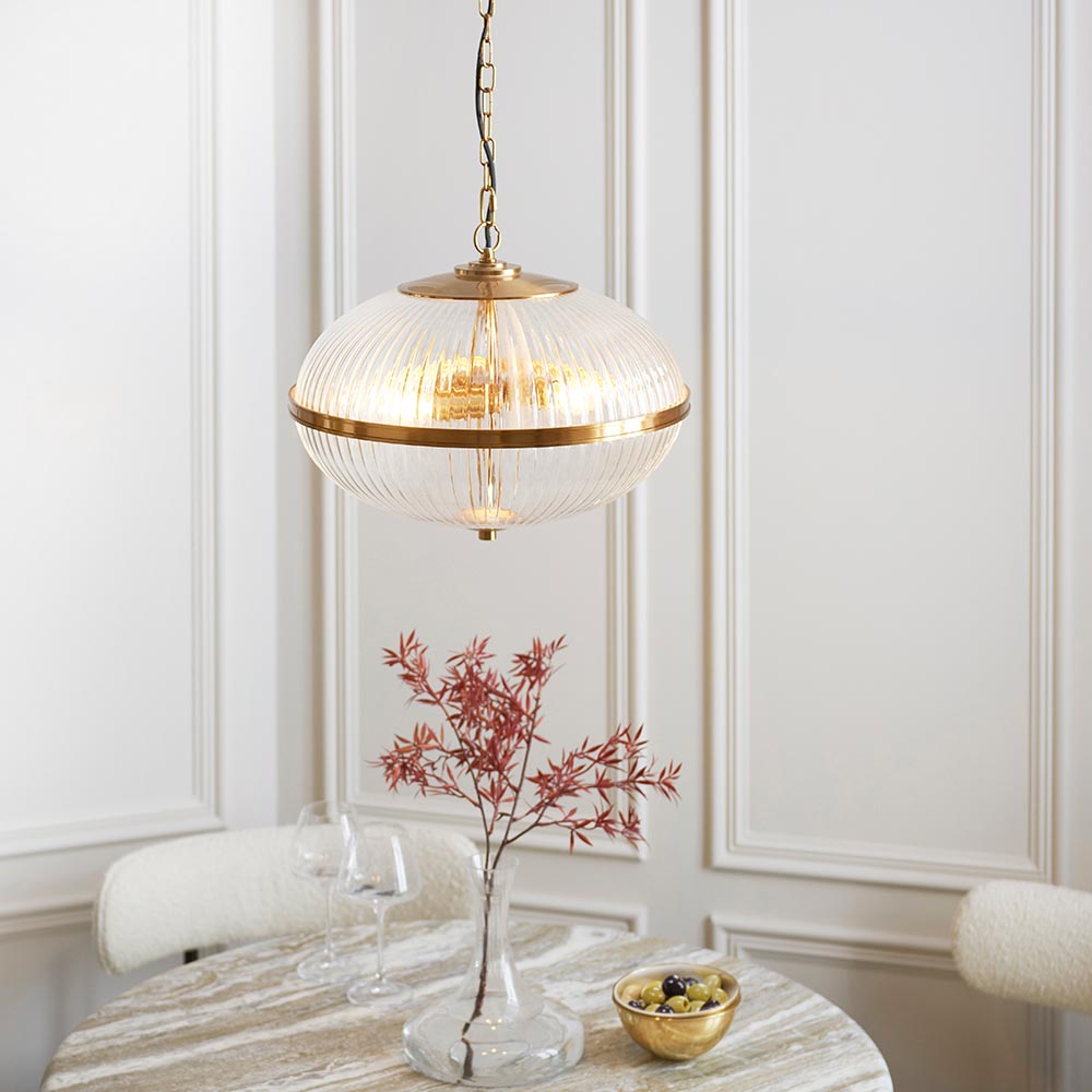 Somerset 3lt Pendant Ribbed Glass Warm Brass