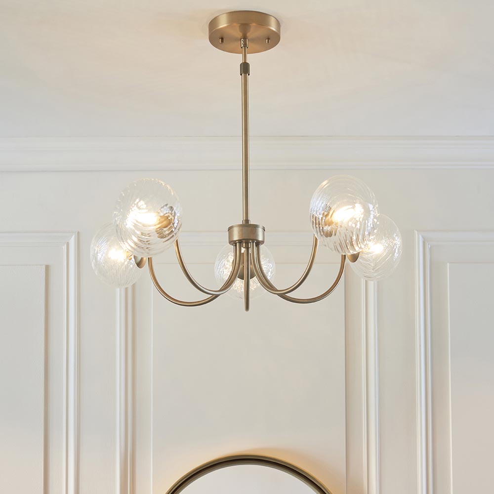Hague 5 Light Pendant RIbbed Glass & Antique Brass
