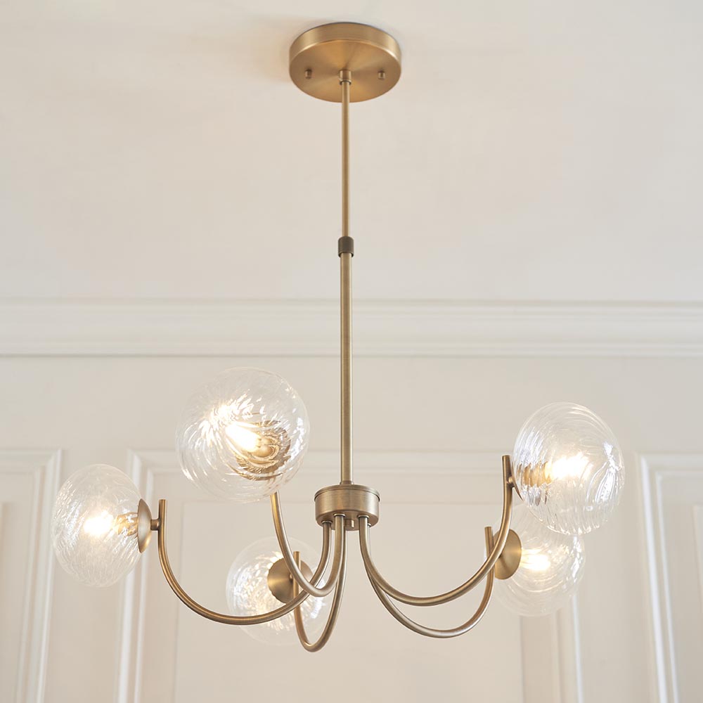 Hague 5 Light Pendant RIbbed Glass & Antique Brass