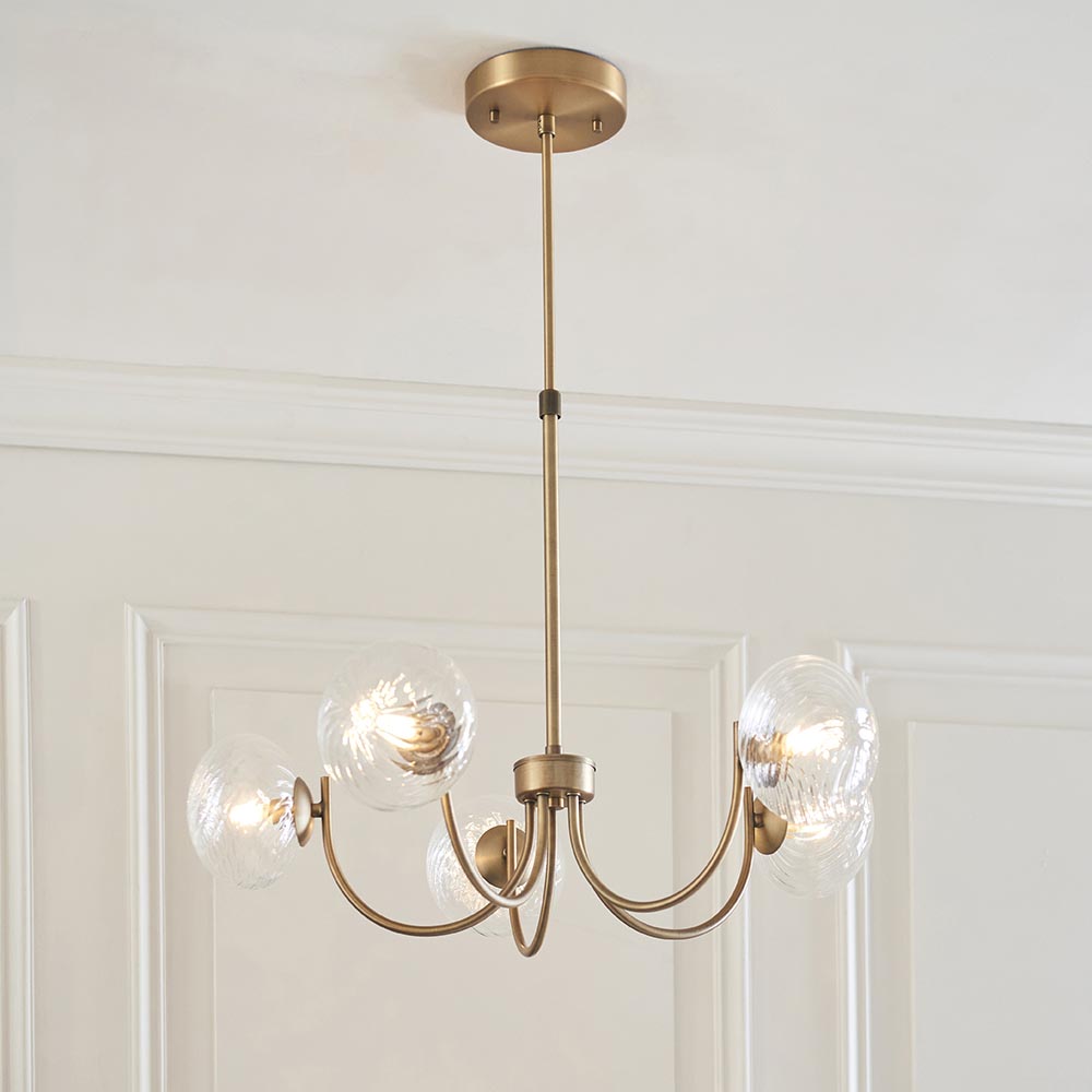 Hague 5 Light Pendant RIbbed Glass & Antique Brass