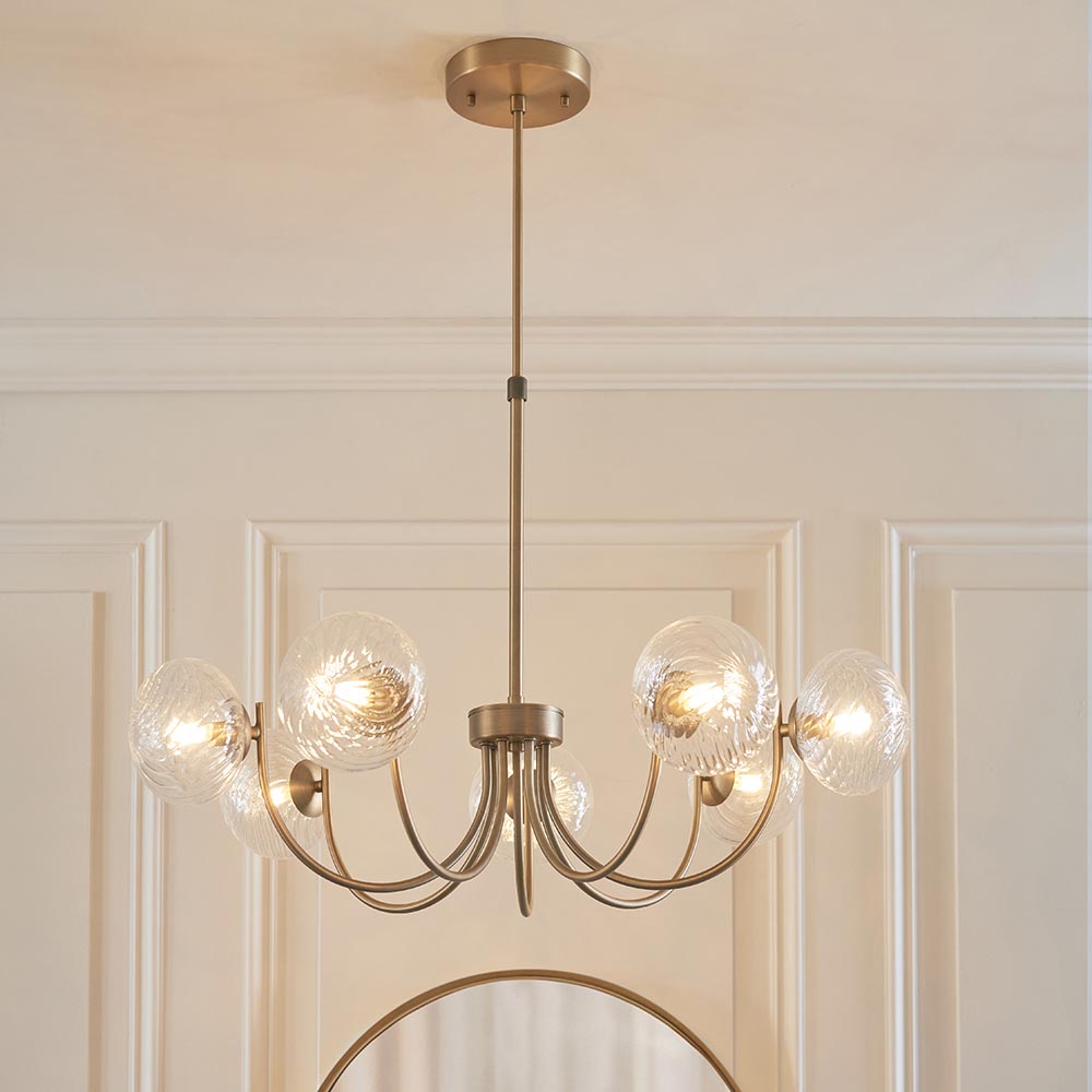 Hague 7 Light Pendant Ribbed Glass & Antique Brass
