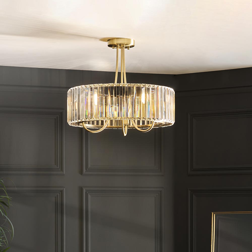 Visconti 3 Light Semi Flush Antique Brass & Glass