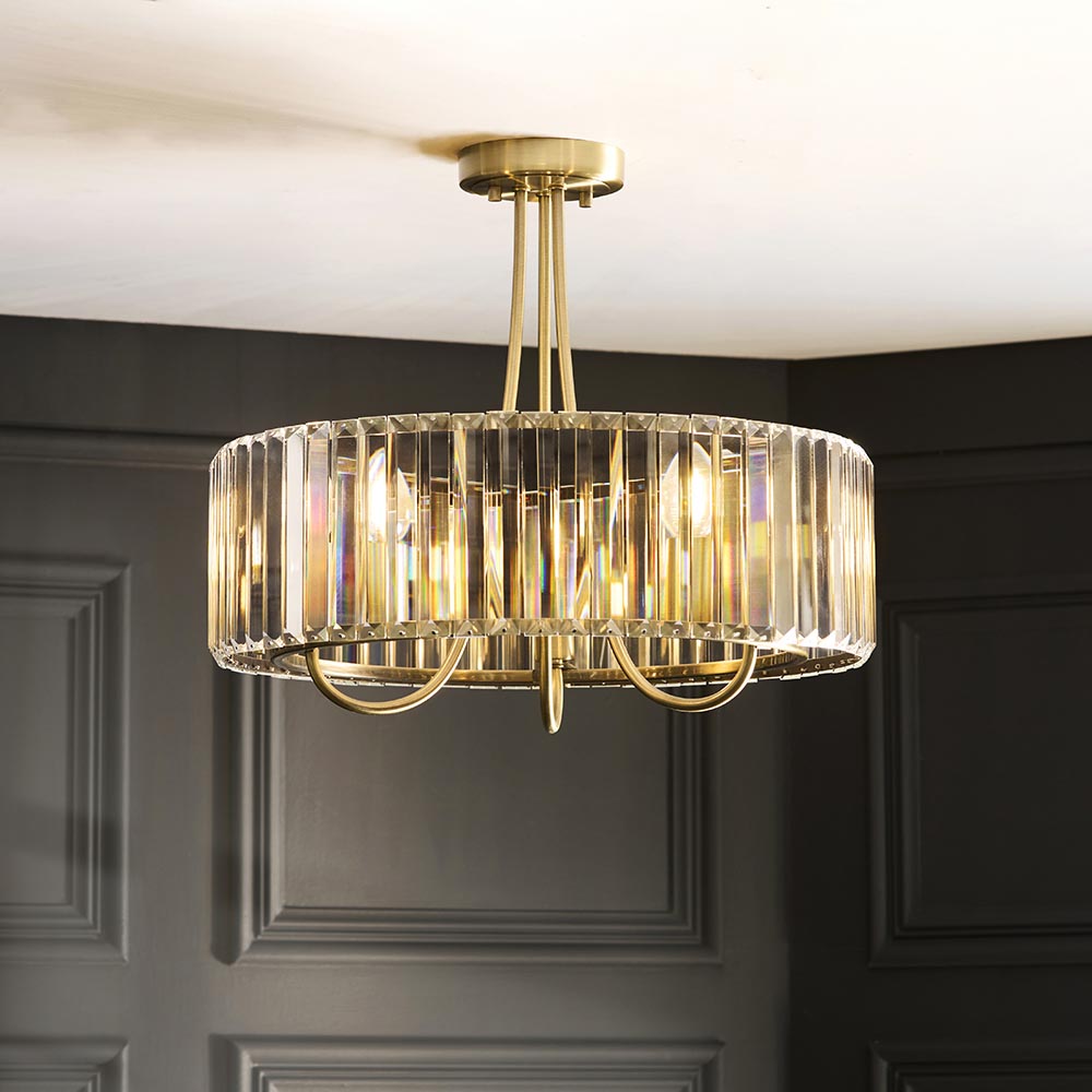 Visconti 3 Light Semi Flush Antique Brass & Glass
