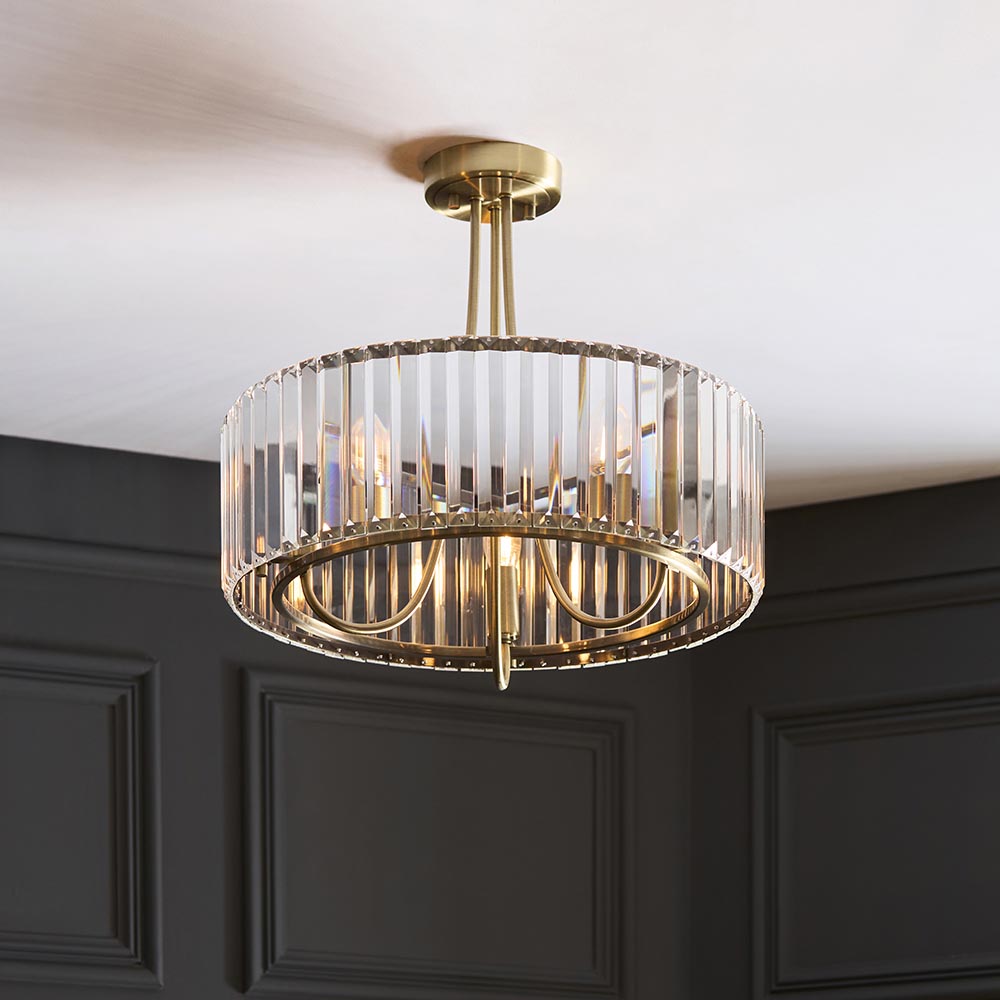 Visconti 3 Light Semi Flush Antique Brass & Glass