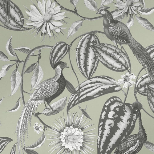 Sage green fabric with botanical print of birds and flowering plants in black and white.