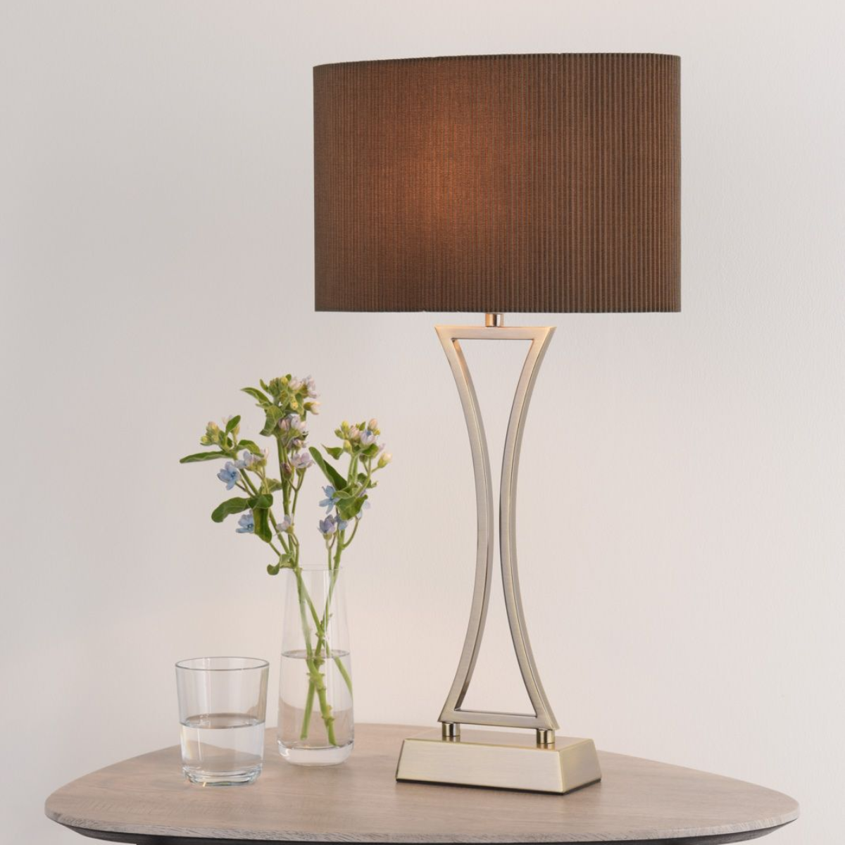 DAR Oporto Table Lamp Antique Brass Brown Fabric Shade