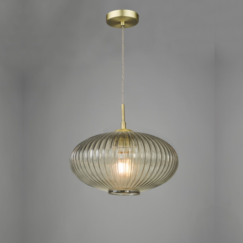 Ribbed smoked glass pendant light with antique brass detail