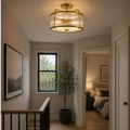 Aged brass semi flush ceiling light with ribbed glass shade