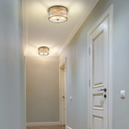 Aged brass flush ceiling light with ribbed glass shade