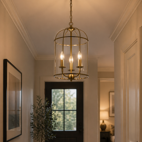 Antique brass lantern pendant light with glass panels