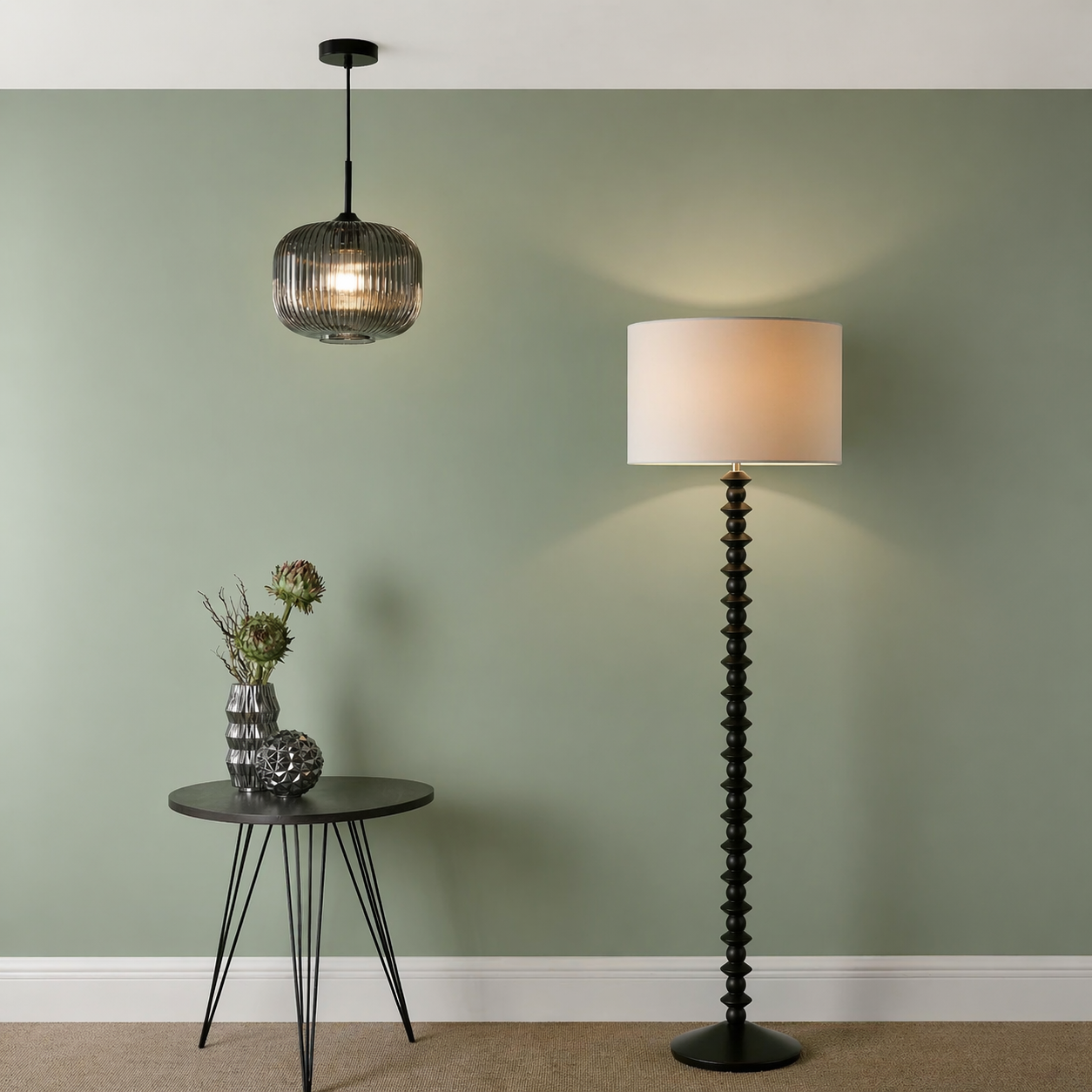 Ribbed smoked glass pendant light in modern living room setting