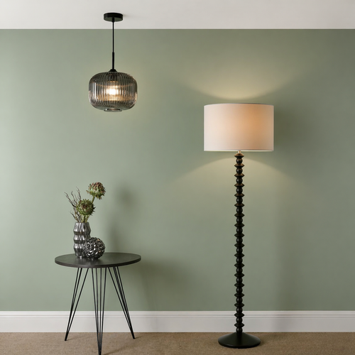 Ribbed smoked glass pendant light in modern living room setting
