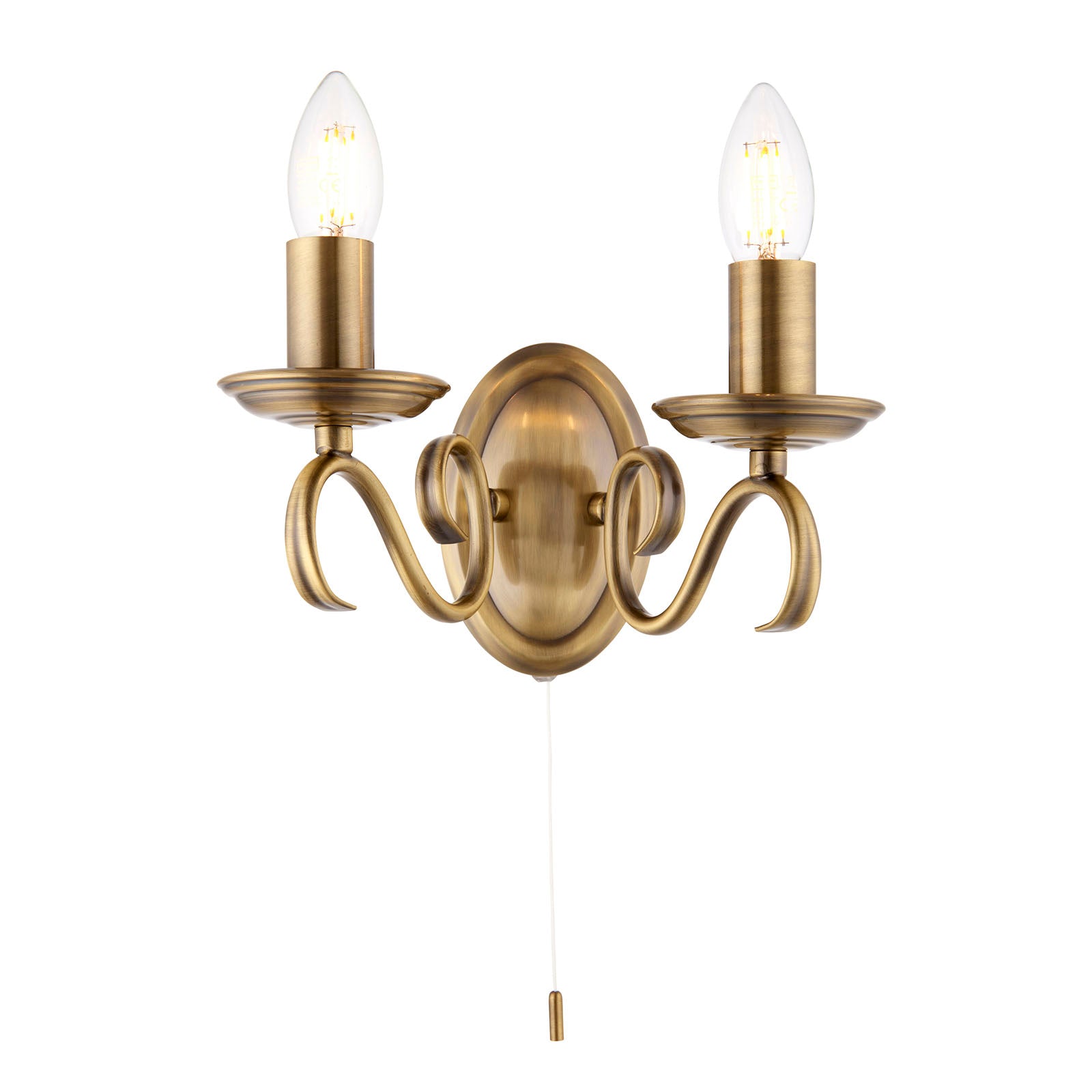 Bernice 2-Light Wall Sconce: Antique Brass & Scrolled Arms (Dimmable)