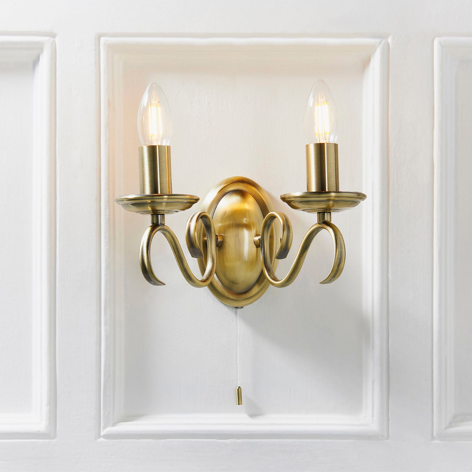 Bernice 2-Light Wall Sconce: Antique Brass & Scrolled Arms (Dimmable)