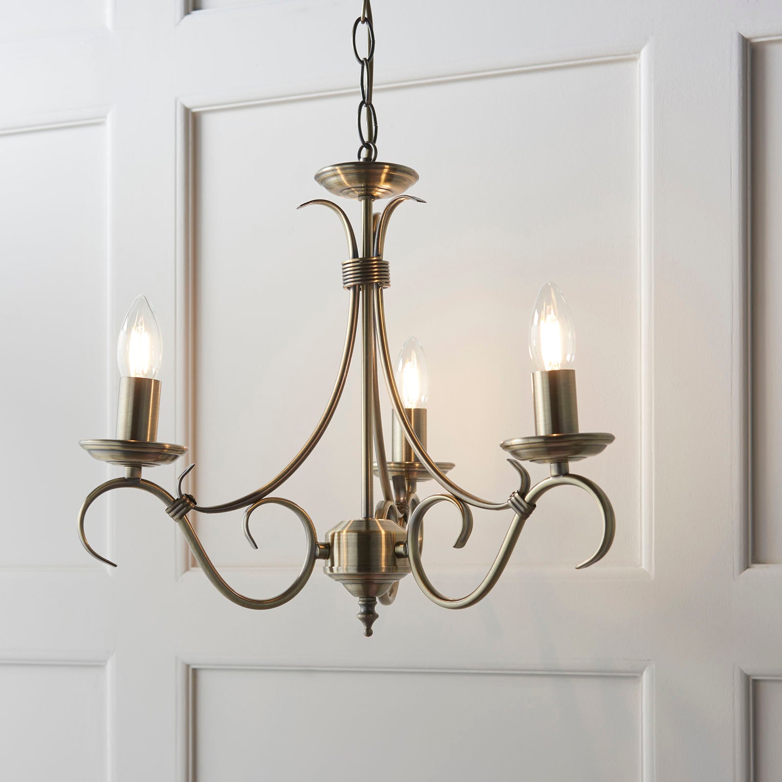 Bernice 3-Light Pendant: Antique Brass & Scrolled Arms (Dimmable)
