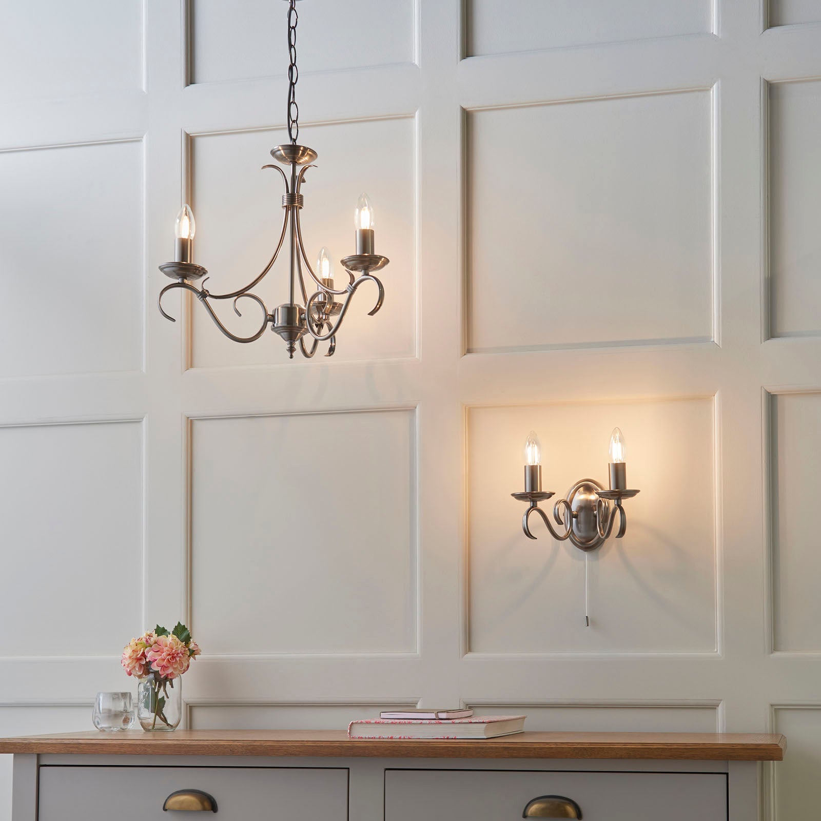 Bernice 3-Light Pendant: Antique Brass & Scrolled Arms (Dimmable)