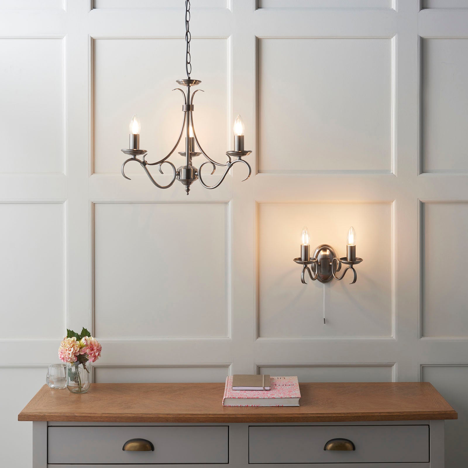 Bernice 3-Light Pendant: Antique Brass & Scrolled Arms (Dimmable)