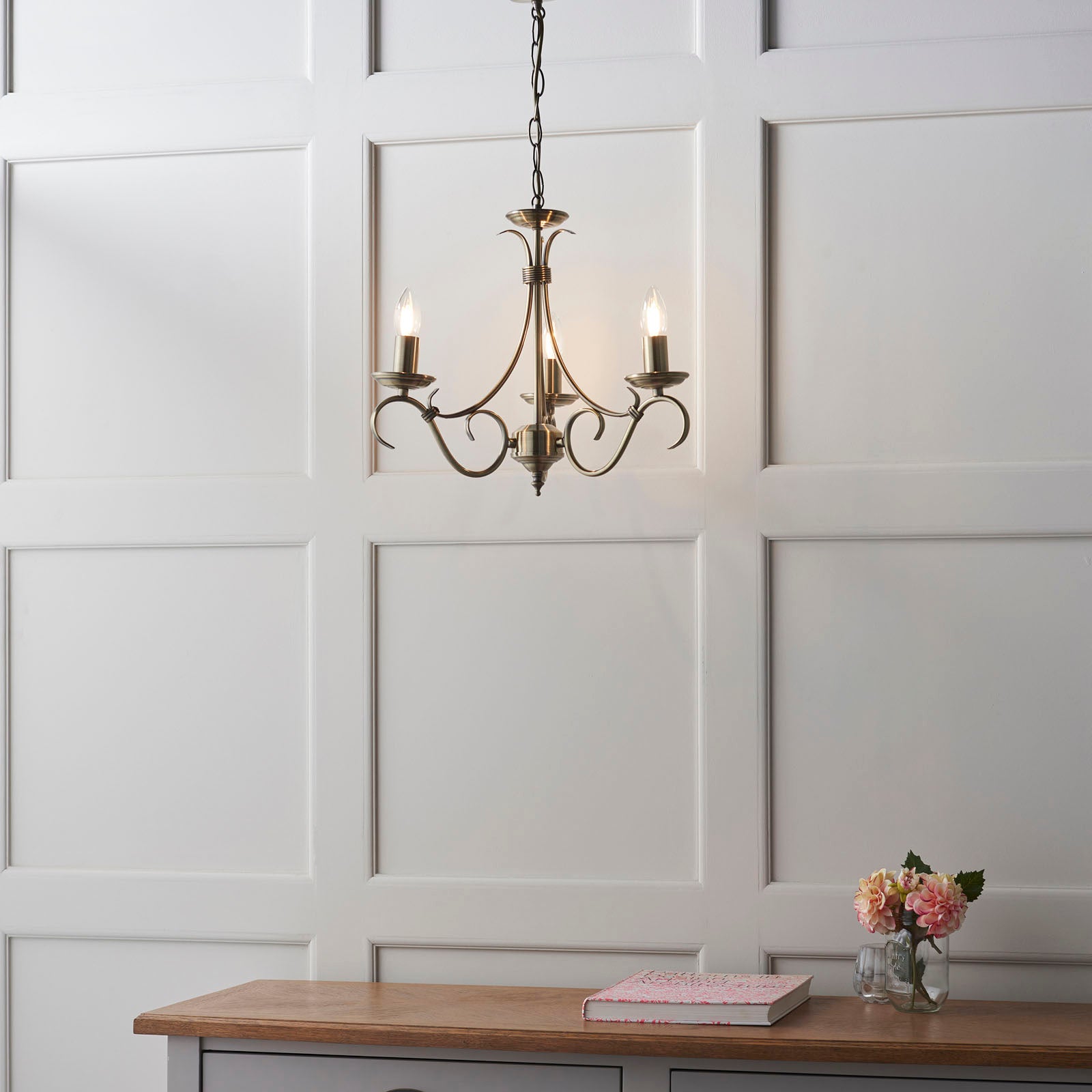 Bernice 3-Light Pendant: Antique Brass & Scrolled Arms (Dimmable)