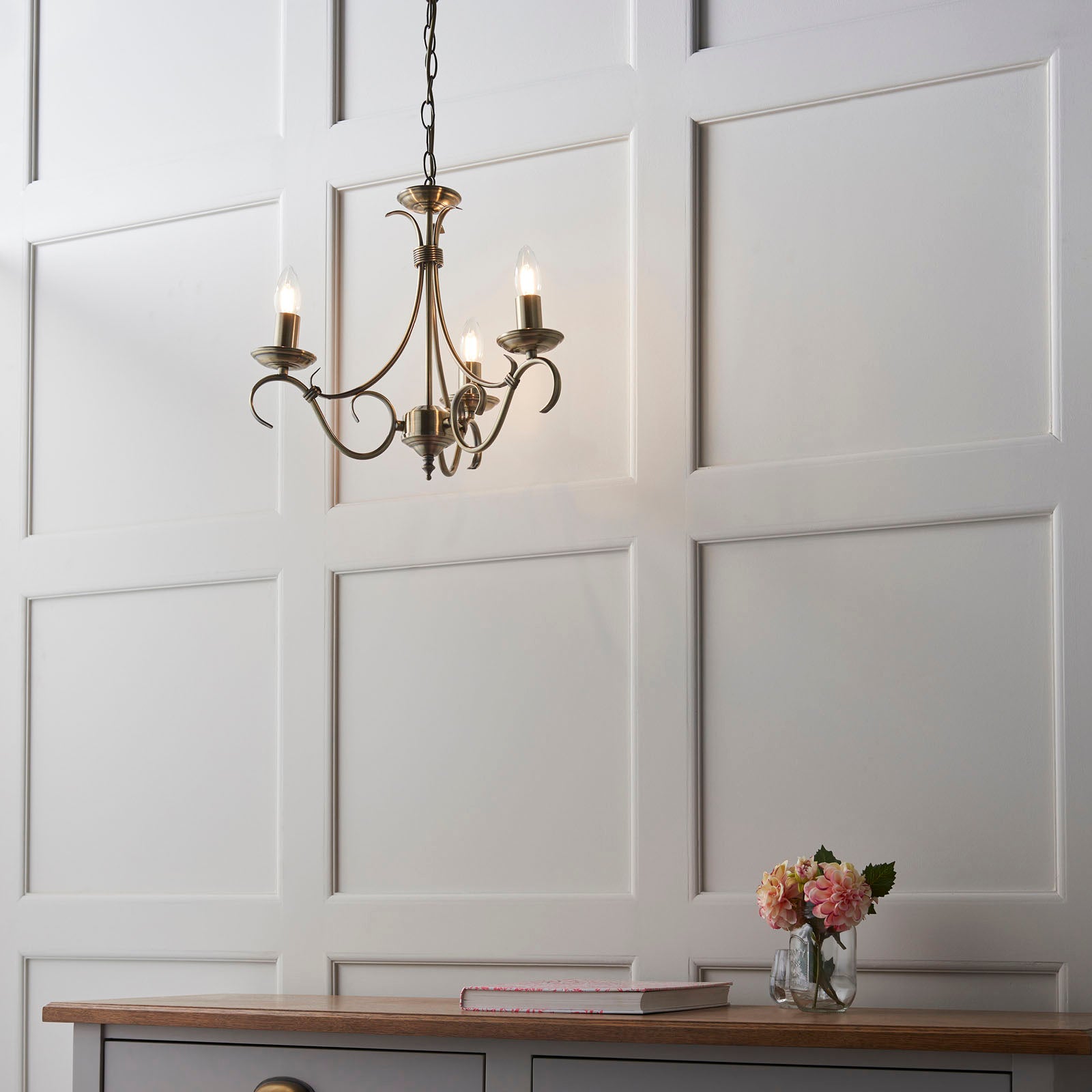 Bernice 3-Light Pendant: Antique Brass & Scrolled Arms (Dimmable)